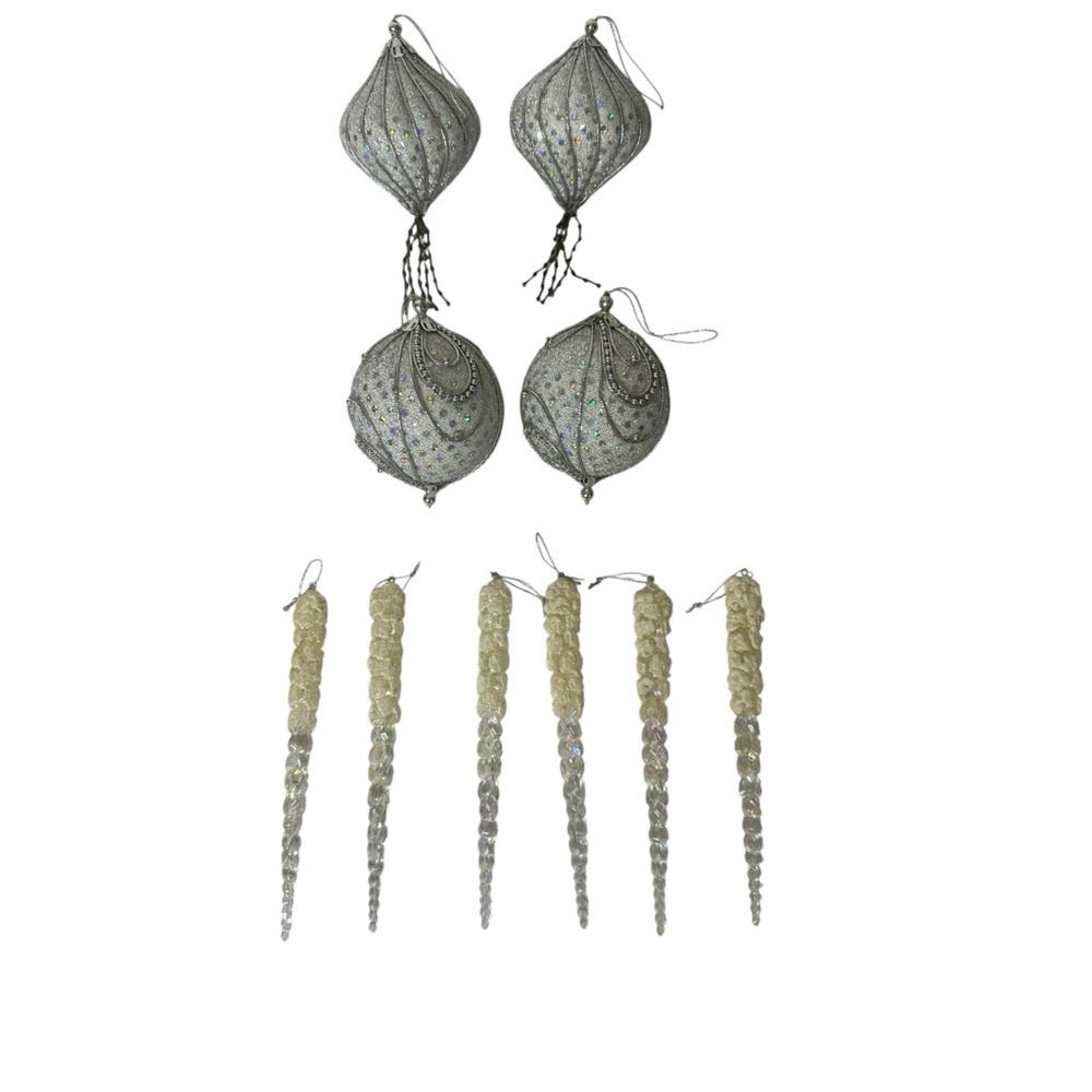 Silver‎ Elegant Teardrop and Round Christmas Ornaments Plastic Icicles With Snow